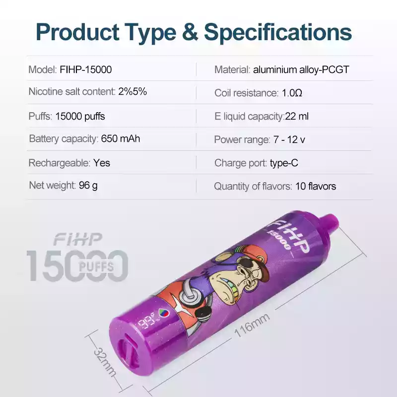 FIHP 15000 Puffs 22 ml E-Liquid, LED-Display